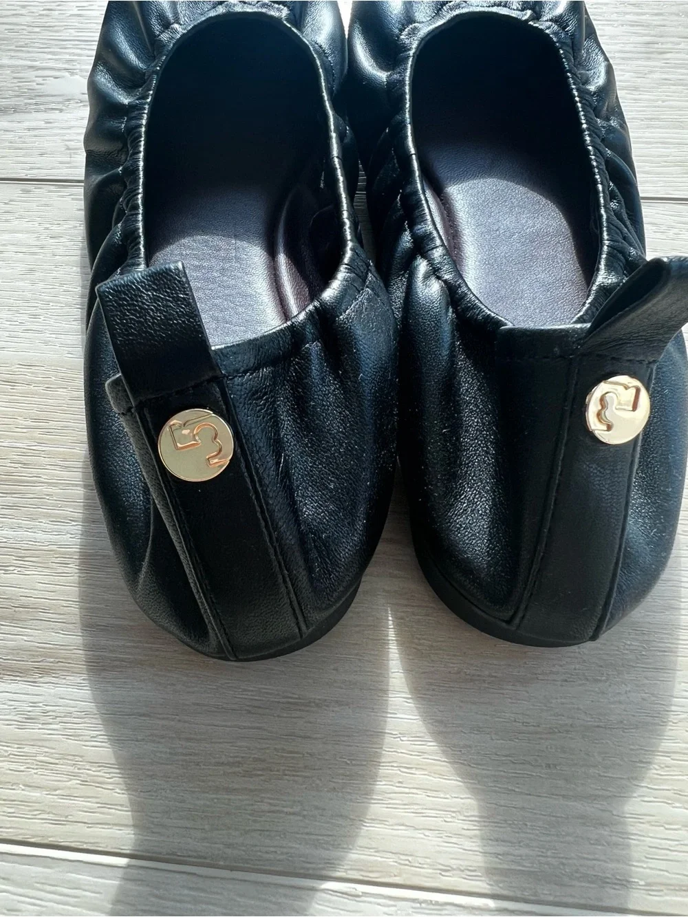 Tory Burch “Eddie” Black Ballet Flats with Gold Logo Button
